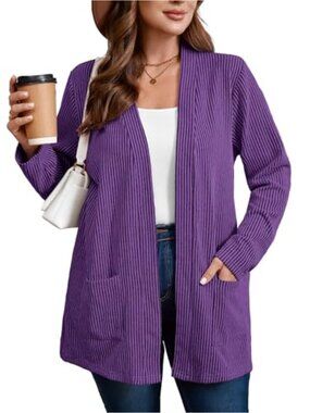 Plus Size Open Front Long Sleeve V Neck Knit Cardigan Sweater Lightweight with